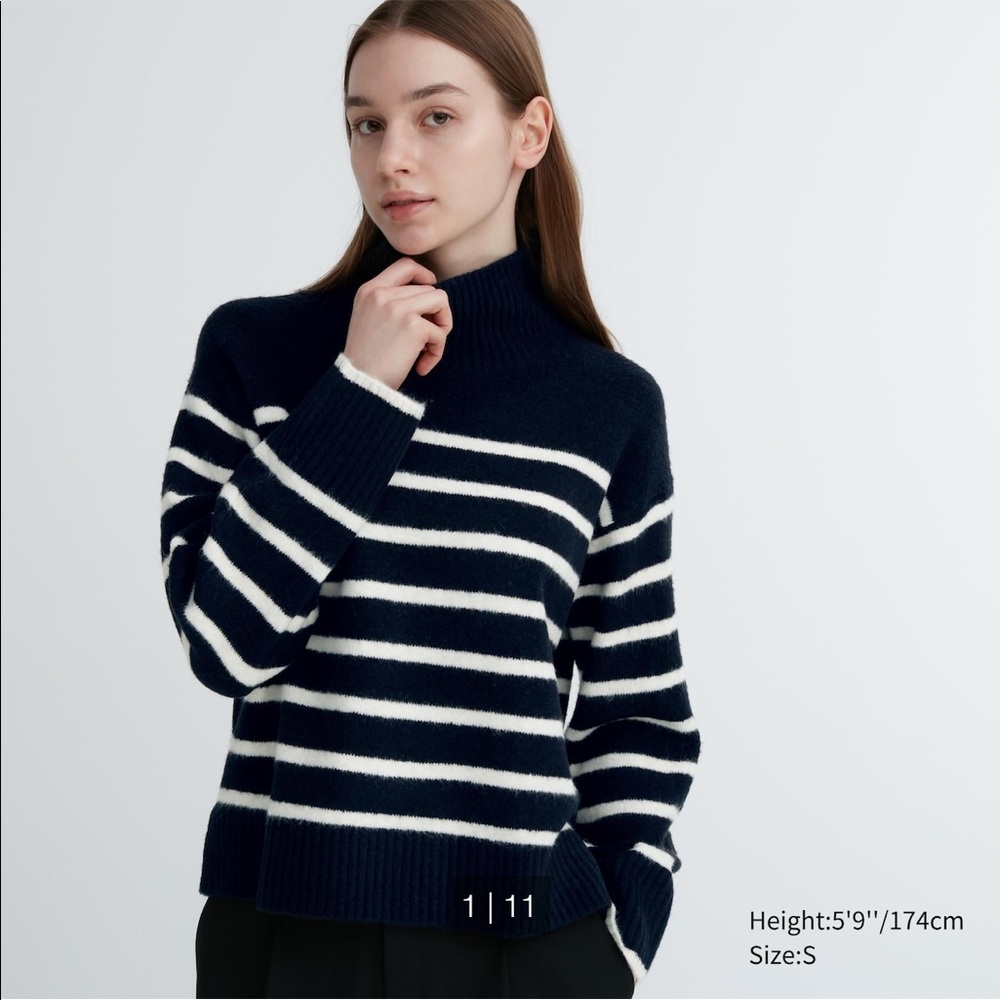 Uniqlo Souffle Yarn Striped High Neck Long-Sleeve Sweater Navy XS